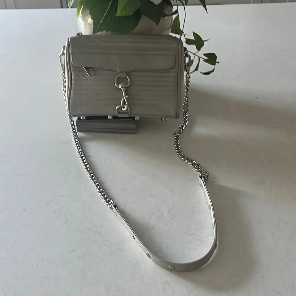 Rebecca Minkoff light gray moto leather bag with silver chain straps, crossbody